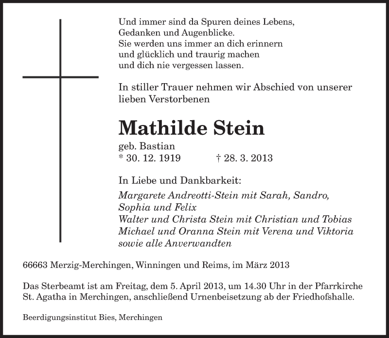  Traueranzeige für Mathilde Stein vom 03.04.2013 aus saarbruecker_zeitung