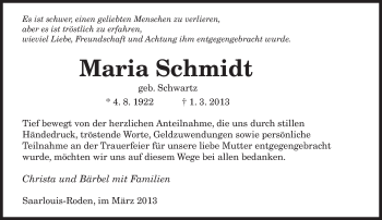 Traueranzeige von Maria Schmidt von saarbruecker_zeitung
