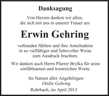 Traueranzeige von Erwin Gehring von saarbruecker_zeitung