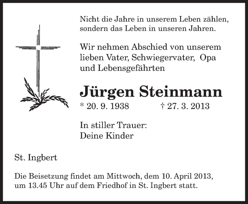  Traueranzeige für Jürgen Steinmann vom 06.04.2013 aus saarbruecker_zeitung