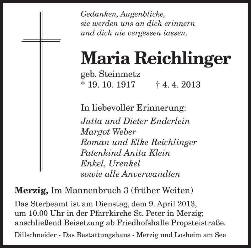  Traueranzeige für Maria Reichlinger vom 05.04.2013 aus saarbruecker_zeitung