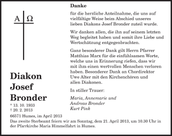 Traueranzeige von Josef Bronder von saarbruecker_zeitung