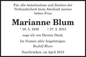 Traueranzeige von Marianne Blum von saarbruecker_zeitung