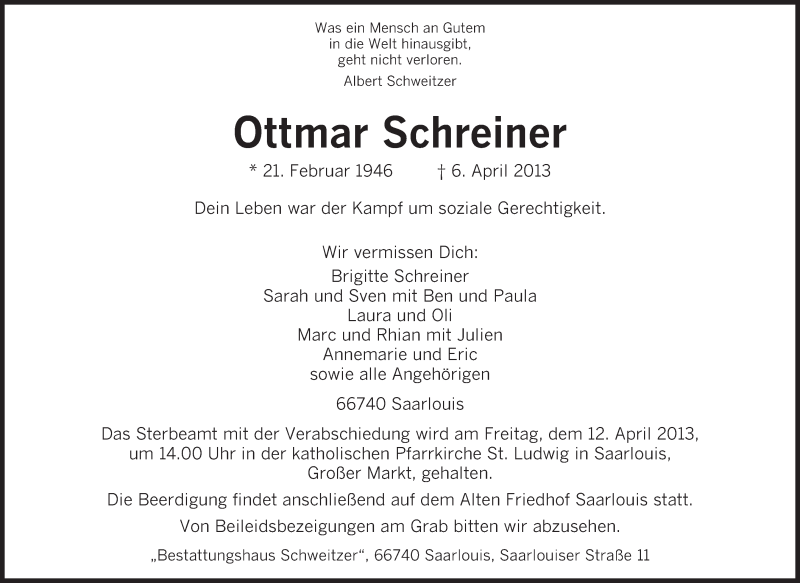  Traueranzeige für Ottmar Schreiner vom 09.04.2013 aus saarbruecker_zeitung