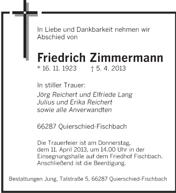 Traueranzeige von Friedrich Zimmermann von saarbruecker_zeitung