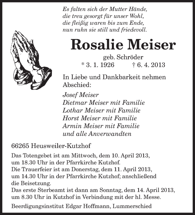  Traueranzeige für Rosalie Meiser vom 09.04.2013 aus saarbruecker_zeitung