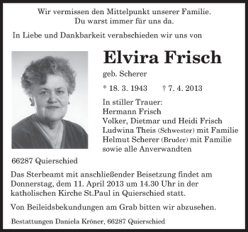 Traueranzeige von Elvira Frisch von saarbruecker_zeitung