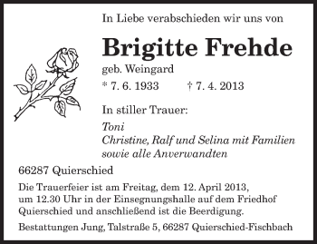 Traueranzeige von Brigitte Frehde von saarbruecker_zeitung