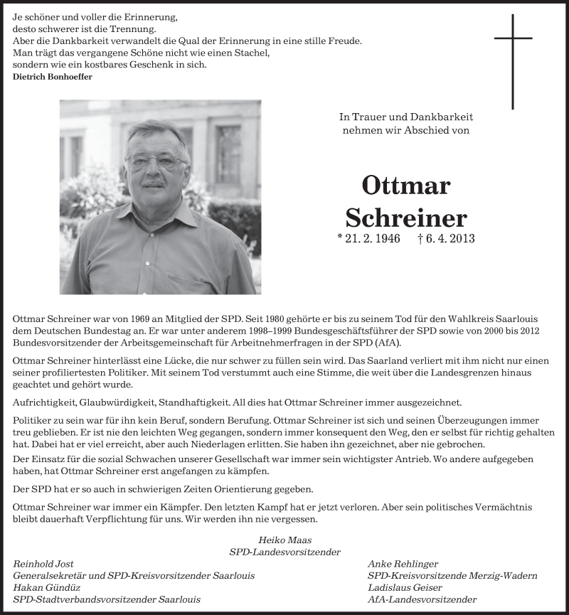  Traueranzeige für Ottmar Schreiner vom 10.04.2013 aus saarbruecker_zeitung