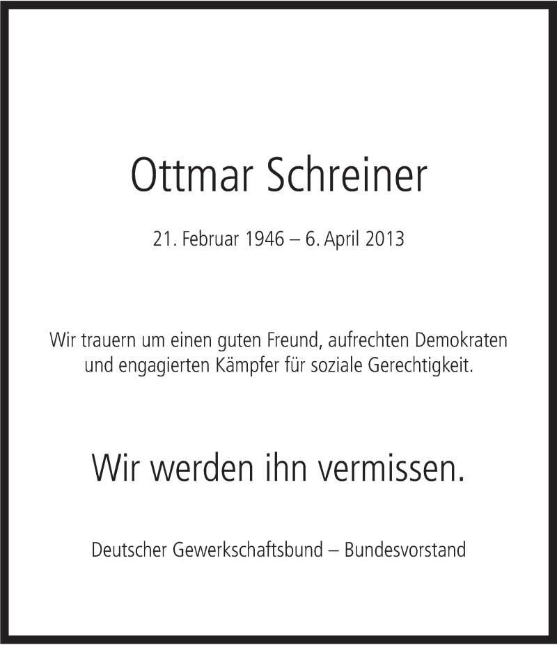  Traueranzeige für Ottmar Schreiner vom 11.04.2013 aus saarbruecker_zeitung