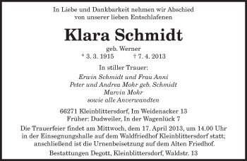 Traueranzeige von Klara Schmidt von saarbruecker_zeitung