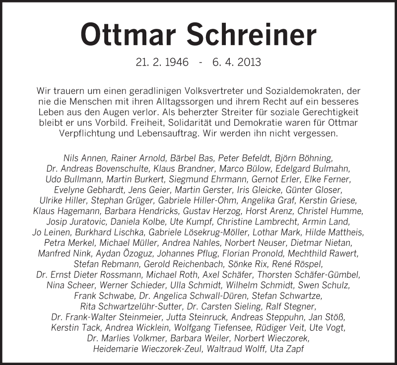  Traueranzeige für Ottmar Schreiner vom 12.04.2013 aus saarbruecker_zeitung