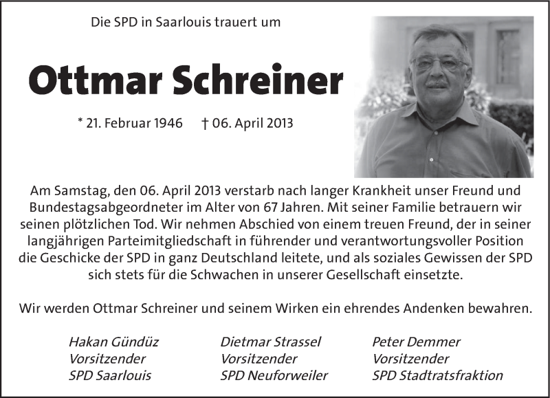  Traueranzeige für Ottmar Schreiner vom 12.04.2013 aus saarbruecker_zeitung