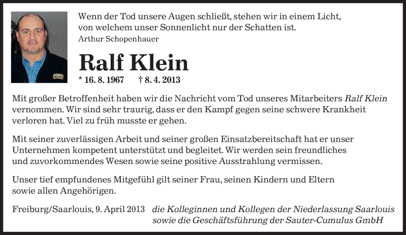  Traueranzeige für Ralf Klein vom 13.04.2013 aus saarbruecker_zeitung