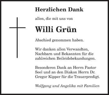 Traueranzeige von Willi Grün von saarbruecker_zeitung