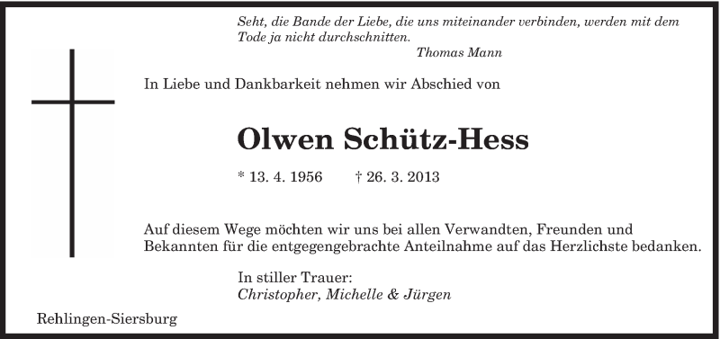  Traueranzeige für Olwen Schütz-Hess vom 15.04.2013 aus saarbruecker_zeitung