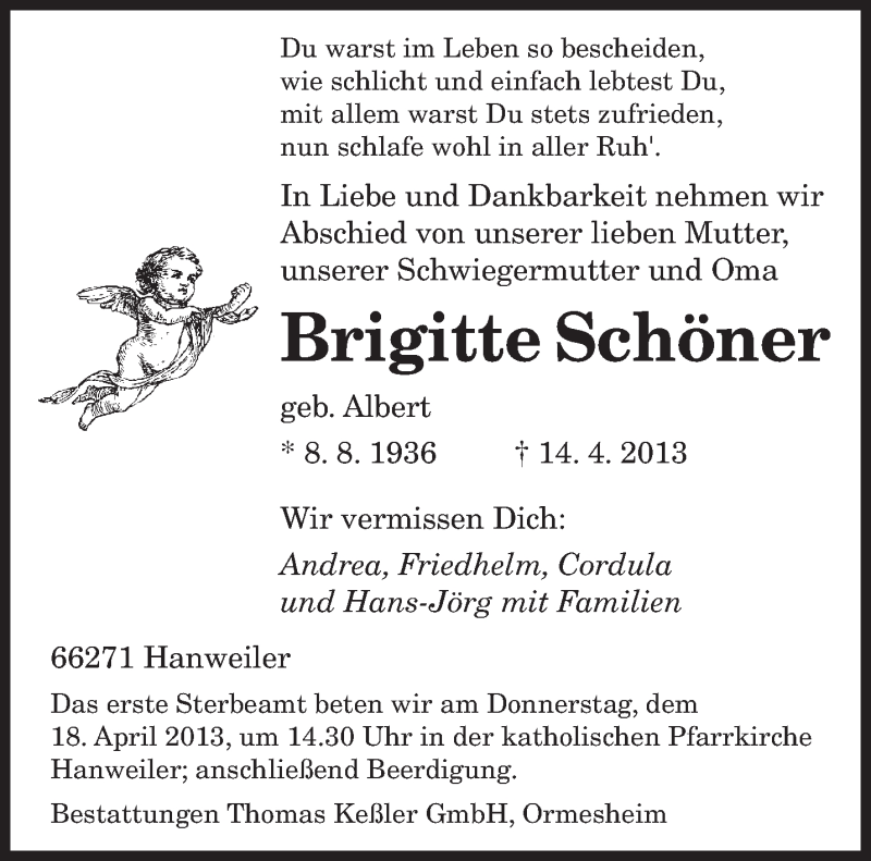  Traueranzeige für Brigitte Schöner vom 16.04.2013 aus saarbruecker_zeitung