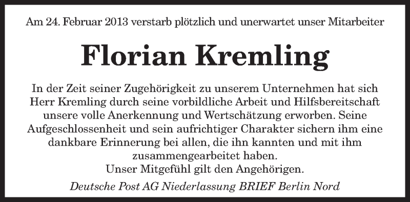  Traueranzeige für Florian Kremling vom 17.04.2013 aus saarbruecker_zeitung