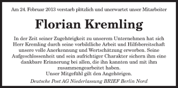 Traueranzeige von Florian Kremling von saarbruecker_zeitung