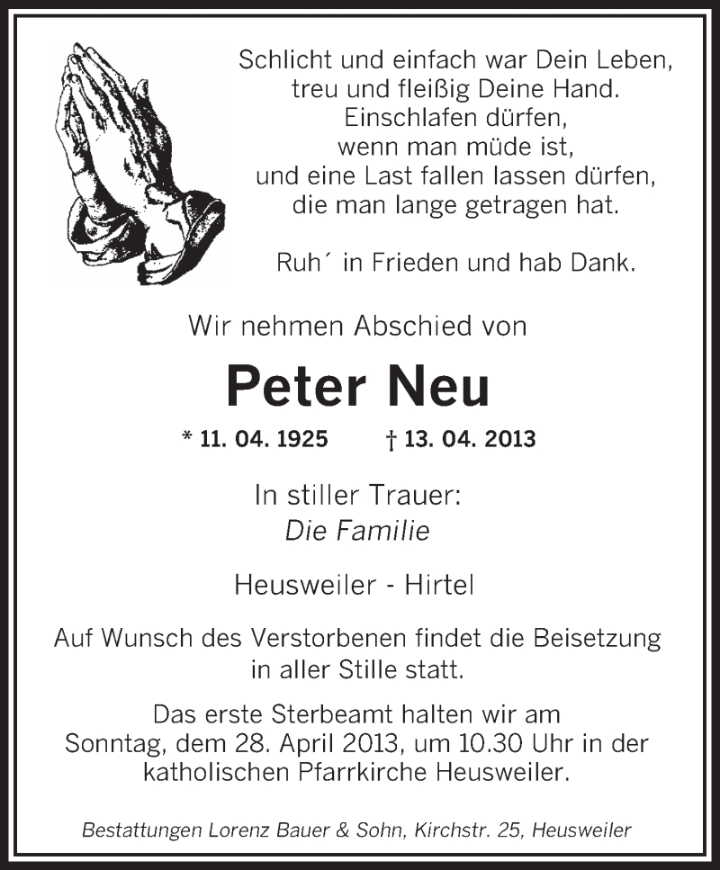  Traueranzeige für Peter Neu vom 20.04.2013 aus saarbruecker_zeitung