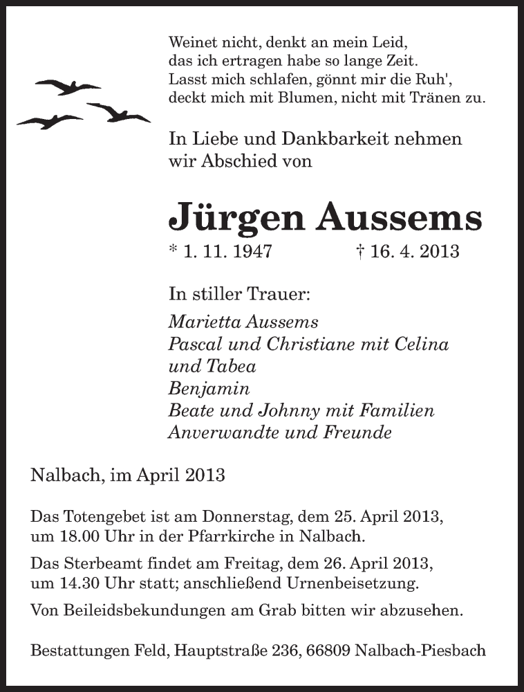  Traueranzeige für Jürgen Aussems vom 24.04.2013 aus saarbruecker_zeitung