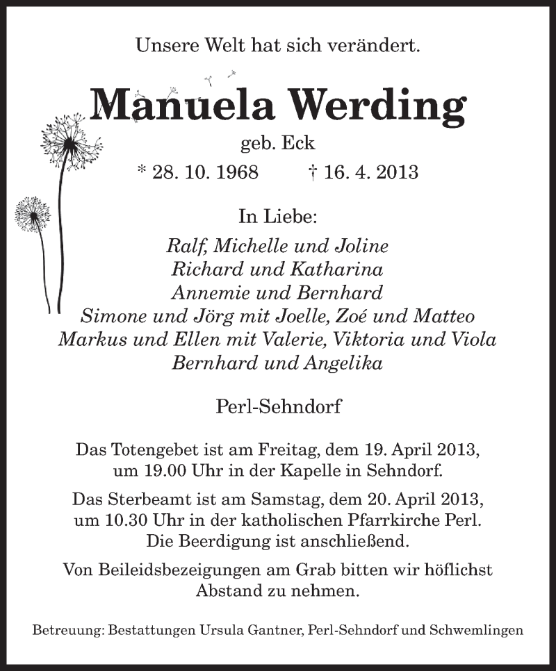  Traueranzeige für Manuela Werding vom 18.04.2013 aus saarbruecker_zeitung