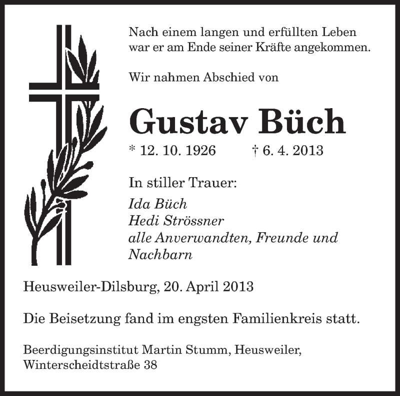  Traueranzeige für Gustav Büch vom 20.04.2013 aus saarbruecker_zeitung