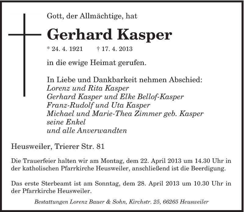  Traueranzeige für Gerhard Kasper vom 20.04.2013 aus saarbruecker_zeitung