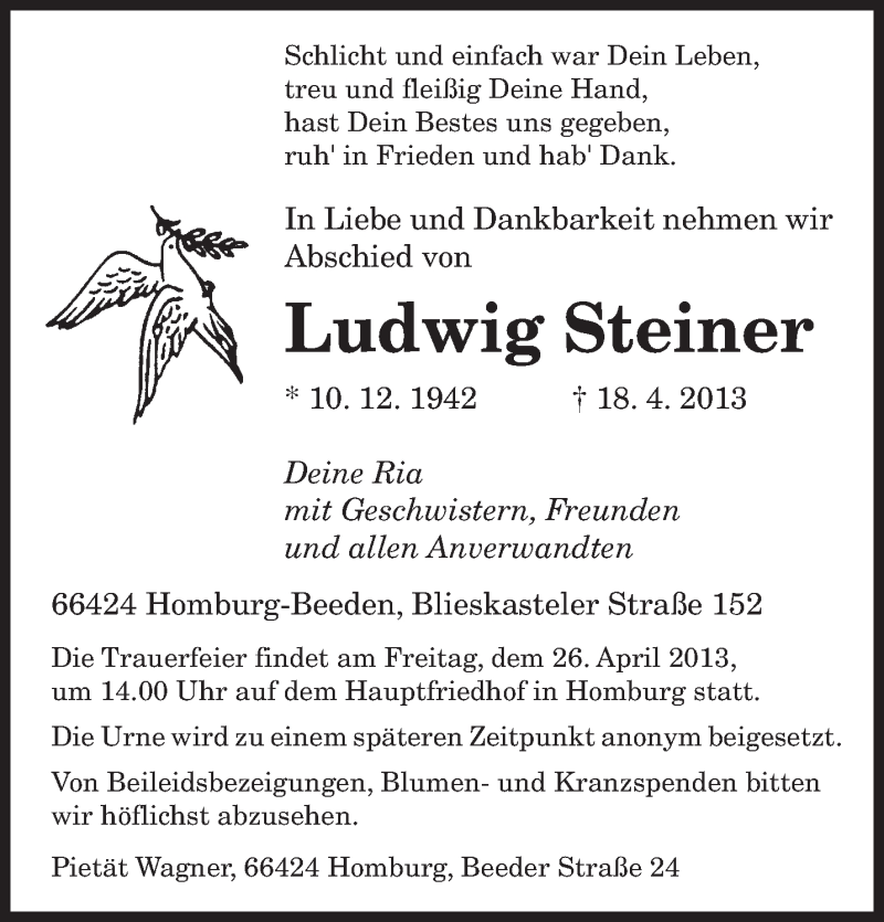 Traueranzeige für Ludwig Steiner vom 23.04.2013 aus saarbruecker_zeitung