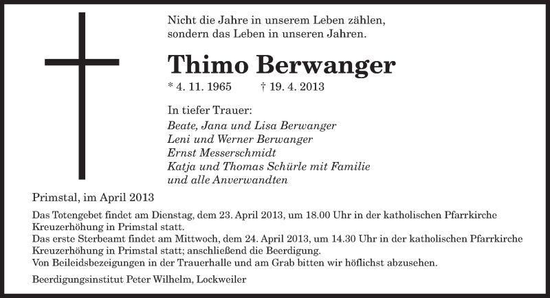  Traueranzeige für Thimo Berwanger vom 23.04.2013 aus saarbruecker_zeitung