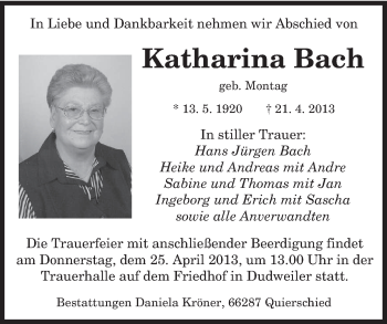 Traueranzeige von Katharina Bach von saarbruecker_zeitung