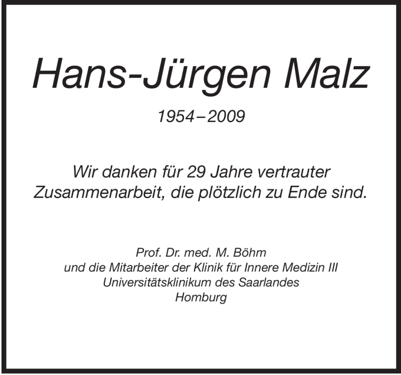  Traueranzeige für Hans-Jürgen Malz vom 05.02.2009 aus SAARBRÜCKER ZEITUNG