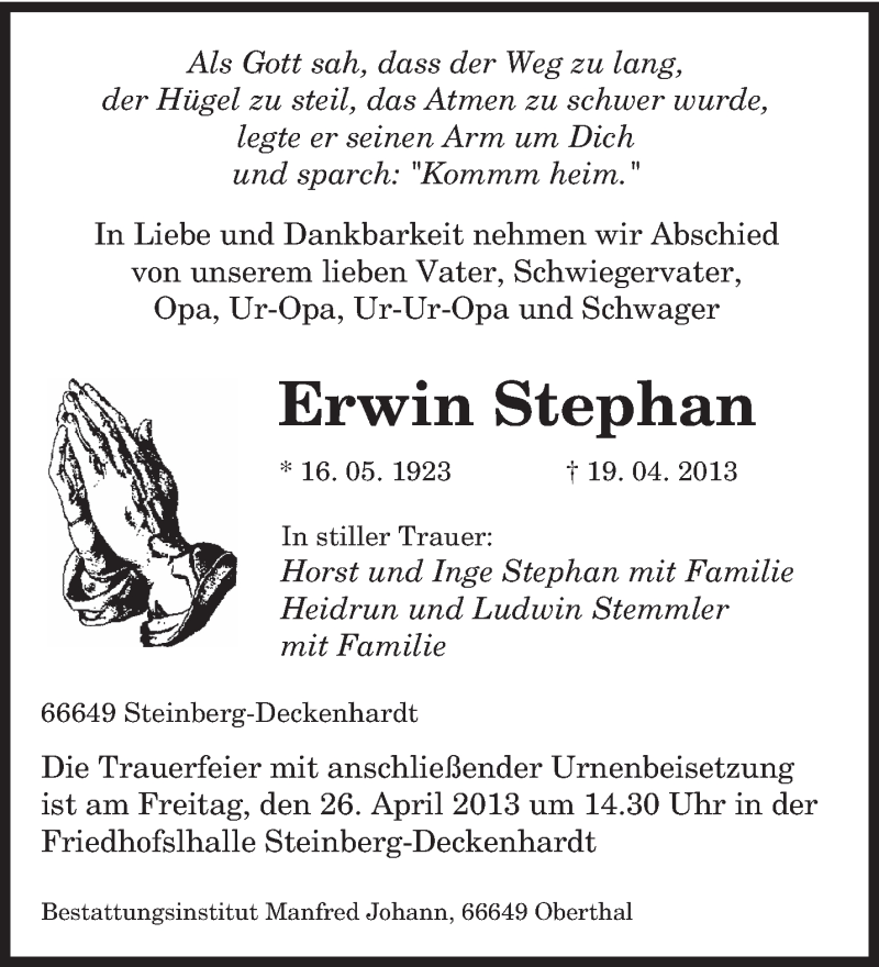  Traueranzeige für Erwin Stephan vom 25.04.2013 aus saarbruecker_zeitung