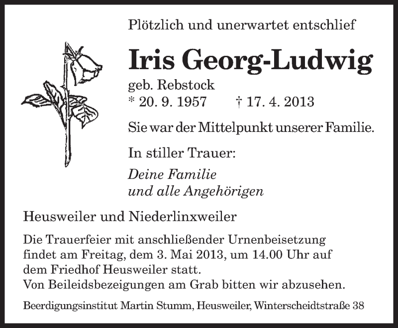  Traueranzeige für Iris Georg-Ludwig vom 29.04.2013 aus saarbruecker_zeitung