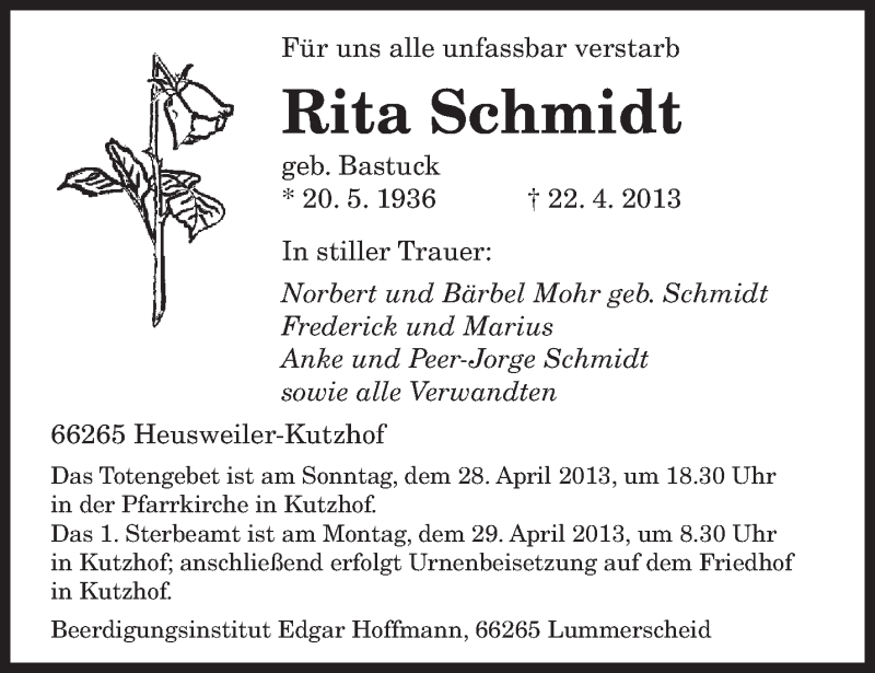  Traueranzeige für Rita Schmidt vom 26.04.2013 aus saarbruecker_zeitung