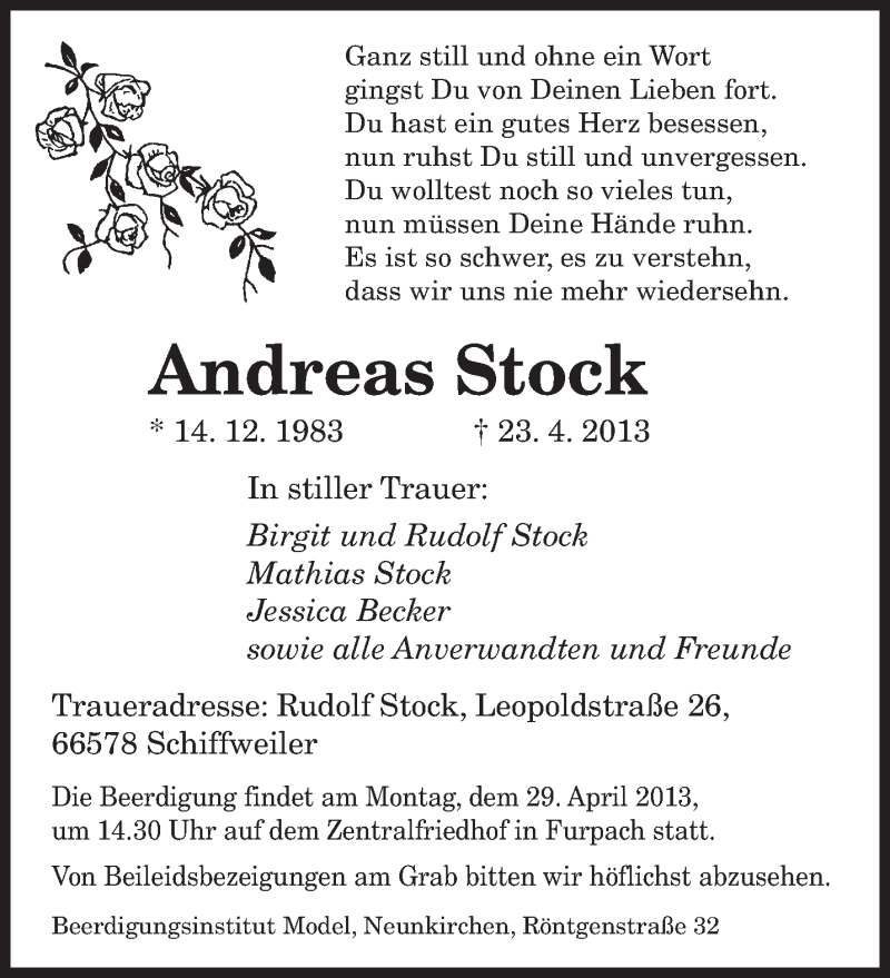 Traueranzeige für Andreas Stock vom 27.04.2013 aus saarbruecker_zeitung