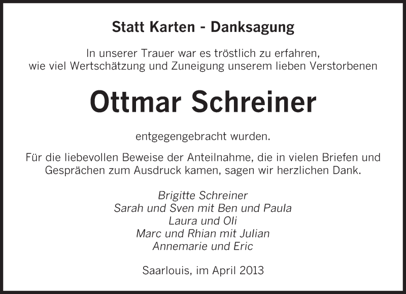  Traueranzeige für Ottmar Schreiner vom 27.04.2013 aus saarbruecker_zeitung