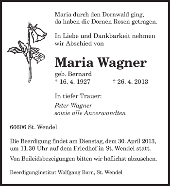 Traueranzeige von Maria Wagner von saarbruecker_zeitung