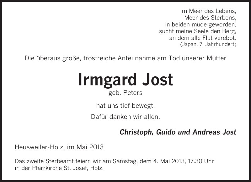  Traueranzeige für Irmgard Jost vom 30.04.2013 aus saarbruecker_zeitung
