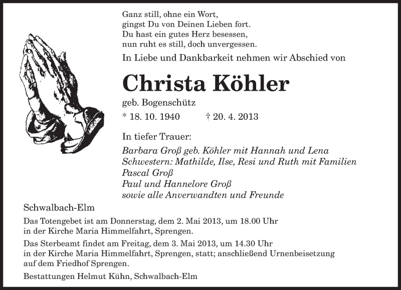  Traueranzeige für Christa Köhler vom 30.04.2013 aus saarbruecker_zeitung