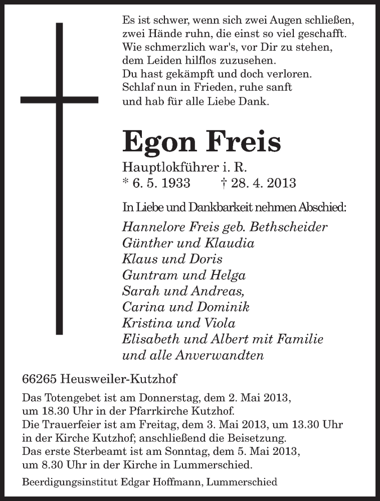  Traueranzeige für Egon Freis vom 30.04.2013 aus saarbruecker_zeitung