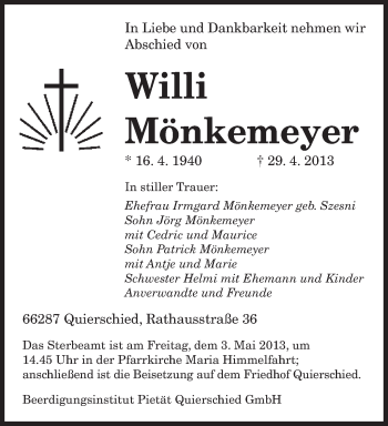 Traueranzeige von Willi Mönkemeyer von saarbruecker_zeitung