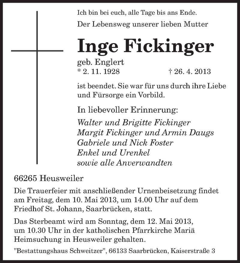  Traueranzeige für Inge Fickinger vom 02.05.2013 aus saarbruecker_zeitung
