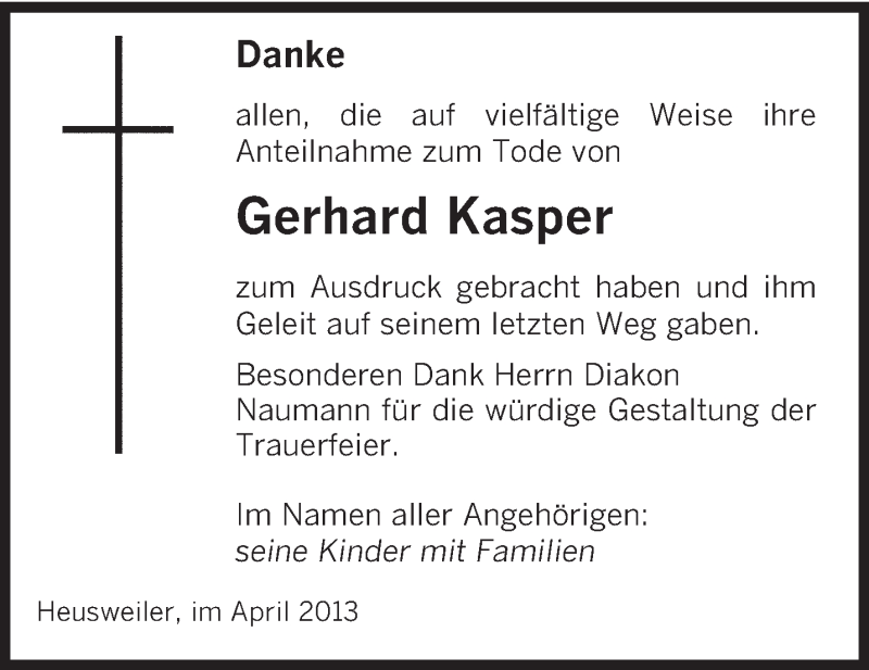 Traueranzeige für Gerhard Kasper vom 04.05.2013 aus saarbruecker_zeitung