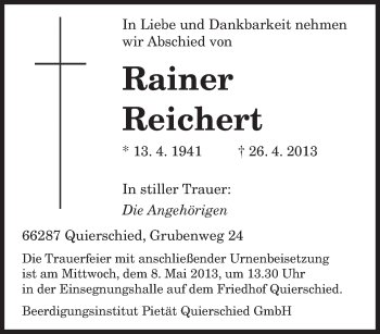 Traueranzeige von Rainer Reichert von saarbruecker_zeitung