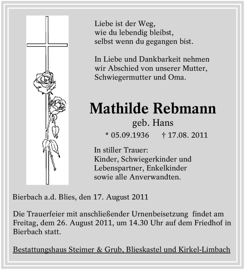  Traueranzeige für Mathilde Rebmann vom 22.08.2011 aus SAARBRÜCKER ZEITUNG