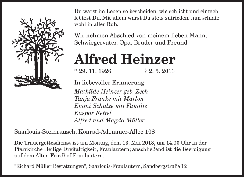  Traueranzeige für Alfred Heinzer vom 08.05.2013 aus saarbruecker_zeitung