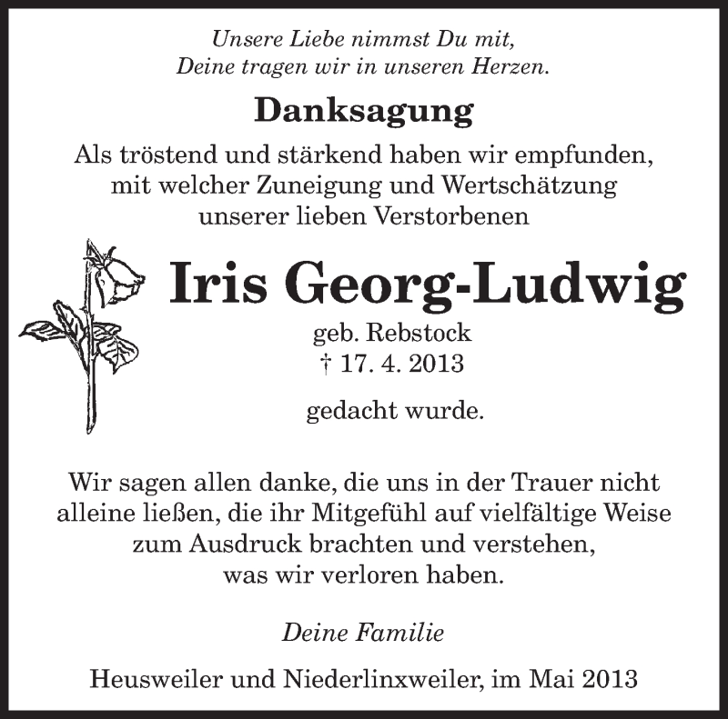  Traueranzeige für Iris Georg-Ludwig vom 11.05.2013 aus saarbruecker_zeitung