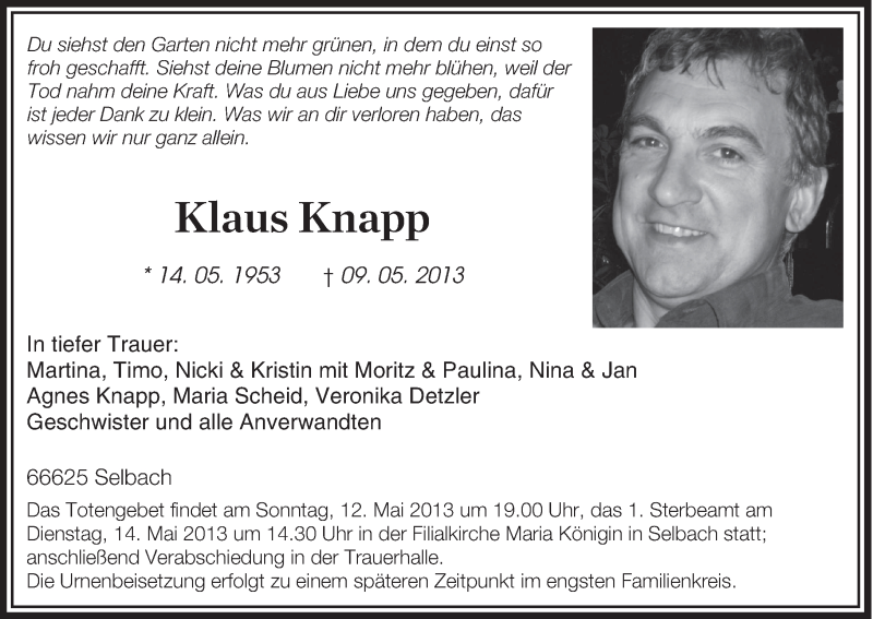  Traueranzeige für Klaus Knapp vom 11.05.2013 aus saarbruecker_zeitung