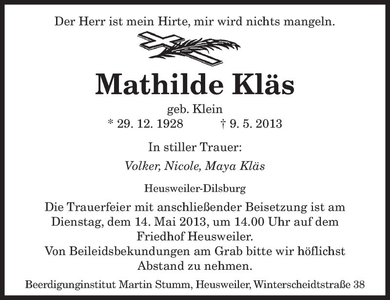 Traueranzeige für Mathilde Kläs vom 11.05.2013 aus saarbruecker_zeitung